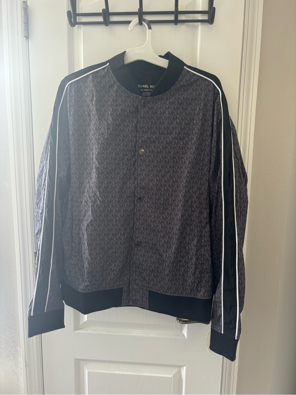 Michael Kors Black MK-Print Varsity Bomber Jacket with White Piping